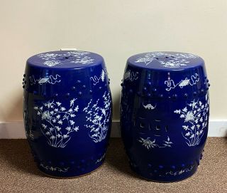 Old Chinese Porcelain Garden Seats In Mazarin Blue Glaze