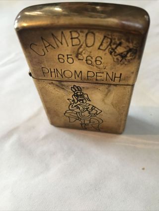 Brass Zippo Lighter Vietnam Cambodia Phnom Penh 65 - 66
