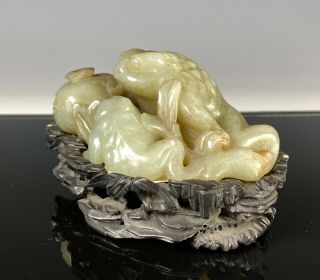 Antique Chinese Nephrite Jade Carving Of Two Toads With Pomegranate On Stand