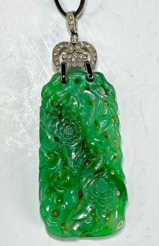 Vintage Old Chinese Carved Jadeite Jade Apple Green Pendant Wdiamond Necklace