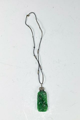 Vintage Old Chinese Carved Jadeite Jade Apple Green Pendant wDiamond Necklace 3