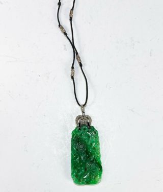 Vintage Old Chinese Carved Jadeite Jade Apple Green Pendant wDiamond Necklace 4