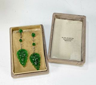 Old Chinese Carved Apple Green Jade Jadeite Diamond Earrings