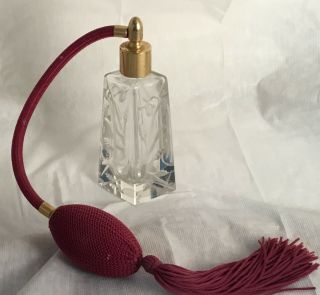 Vintage Floral Etched Clear Glass Vanity Empty Perfume Bottle Burgundy Atomizer