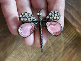 Vintage Glass And Crystal Wing Dragon Fly Brooch