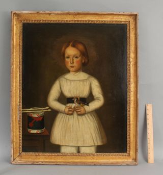 19thc Antique Primitive Folk Art Portrait Oil Painting,  Young Boy W/ Drum & Bird