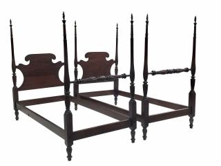 20th C Federal Antique Style Mahogany Carved Four Post Twin Beds