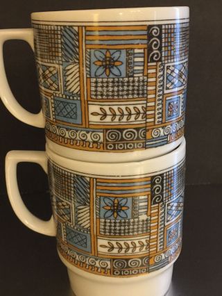 Vintage Stackable Coffee Mugs Japan Mod Design Blue Brown Geometric Pattern