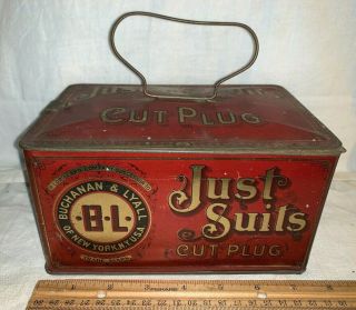 Antique Just Suits Cut Plug Tin Litho Lunch Pail Box Tobacco Can Country Store