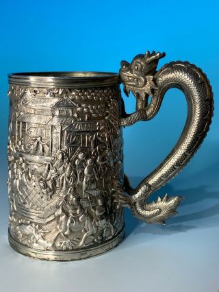 Fine Carved Chinese Qing Period Antique Silver Mug With Dragon Handle