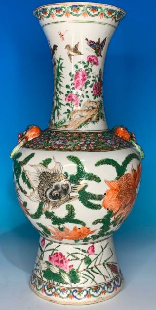 Large Chinese Qing Period Porcelain Antique Tall Vase With Gold Fish