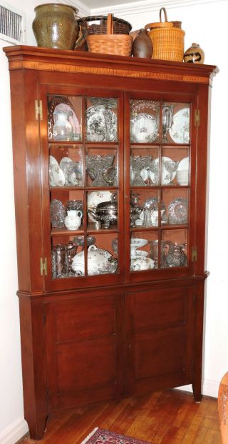 C1800 Federal Neoclassical Corner Cupboard,  Cabinet,  Cherry,  Tiger Maple,  88 " T