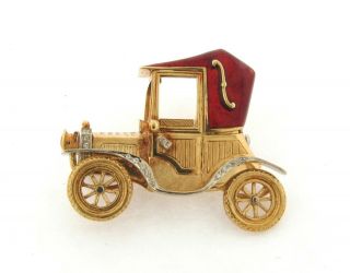 Italian Red Enamel Diamonds 18k Yellow Gold Moveable Fancy Antique Car Brooch