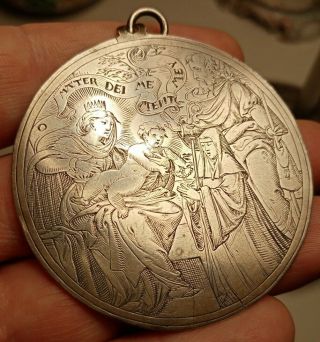 Large Antique 17th Or 18th Century Solid Silver Religious Catholic Medallion
