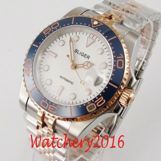 40mm Bliger White Dial Rose Gold Sapphire Date Jubilee Nh35 Automatic Mens Watch