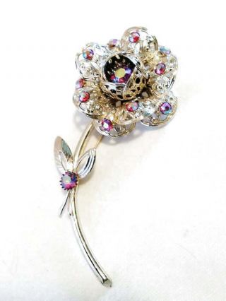 Vintage Sarah Coventry Pink Rhinestone Flower Brooch 3.  75 "