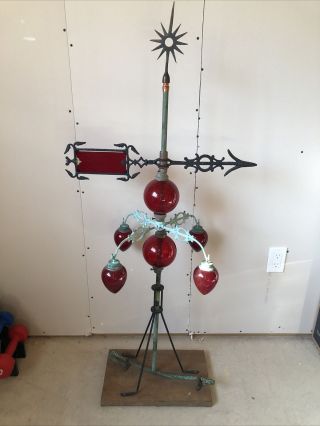 Antique Cast Iron Lightning Rod Weathervane Arrow Red Glass Ball Pendants