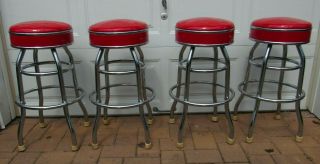 Set Of 4 Vintage 1955 Mid Century Red Swivel Bar Stools Cosco