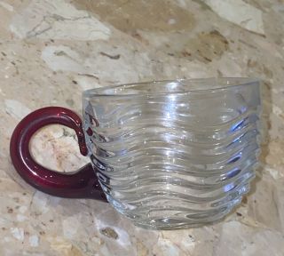 Vintage Mcm Clear Wavy Etched Glass Coffee Mug Hand Blown Amber Glass Handle 8oz