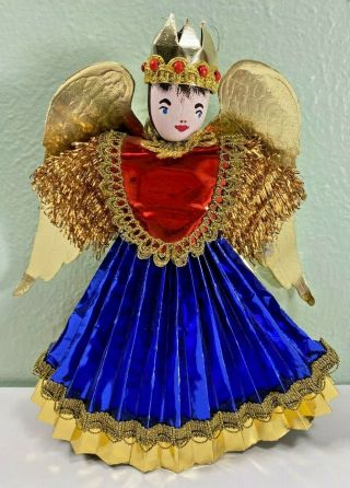 Vintage Christmas Angel Pleated Foil Paper Mache Putz Wood Gold Tree Topper