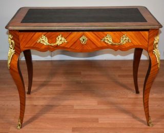 1890s Antique French Louis Xv Walnut / Bronze & Black Leather Top Writing Desk