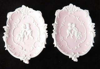 Vintage Kalk Pink White Jasperware Cherub Wall Plaques