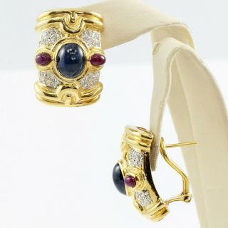 18k Yellow Gold Sapphire Ruby Diamond Rectangle Large Earrings Omega Backs 17.  7g