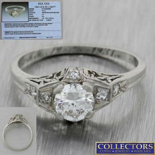 1920s Antique Art Deco Platinum.  63ctw Round Diamond Engagement Ring Egl Y8