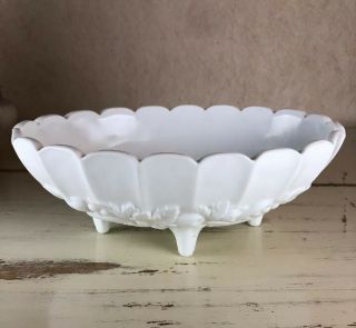 Vintage Indiana Milk Glass Footed Fruit Bowl Large Oval Raised Design 12 