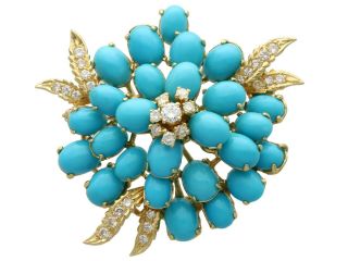 Vintage 26.  22ct Turquoise And 1.  15ct Diamond 18ct Yellow Gold Brooch 1960s