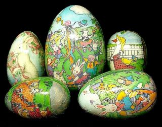 Vintage Group Of 5 Paper Mache Easter Eggs Germany,  Midwest Importers 1 Lg 4 Med