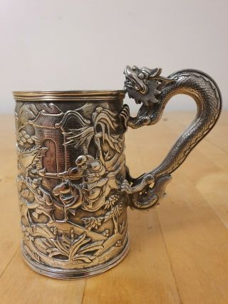 Antique Chinese Solid Silver Dragon Handle Mug C.  1880