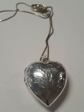 Vintage Sterling Silver Etched Puffy Heart Locket Necklace Pendant W Chain