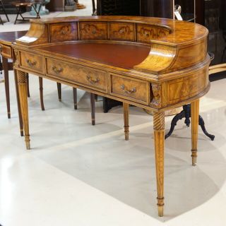 Stunning Ash Wood Demi Lune Writing Desk With Brown Leather Top And Brass Handle