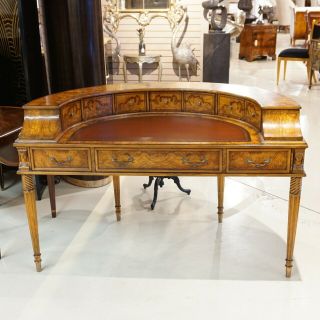 Stunning Ash wood Demi Lune writing Desk with brown leather top and brass handle 2
