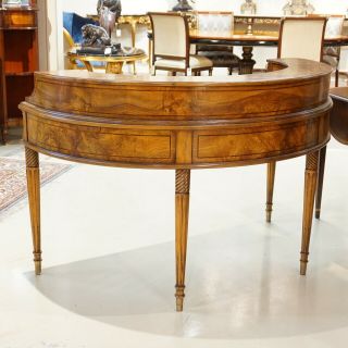 Stunning Ash wood Demi Lune writing Desk with brown leather top and brass handle 3