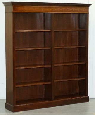 Mahogany & Walnut Marquetry Inlaid Double Bank Library Bookcase Part Of Suite