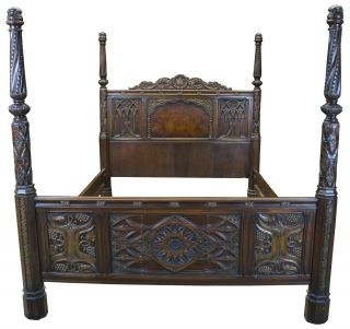 Antique American Furniture Gothic Revival Walnut Full Size Burl Poster Bed