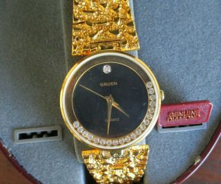 Vintage Gruen Gold Nugget Quartz Diamond Watch 237 - 2035 Womens Wristwatch,  Nib