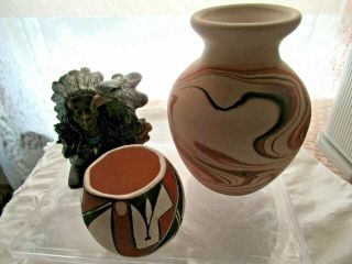 Vintage Nemadji Usa Indian River Art Pottery Sepia,  Brown Swirl Vase & Acoma Pot