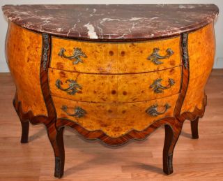 1920s Antique French Louis Xv Walnut & Burl Maple Marble Top Commode / Dresser