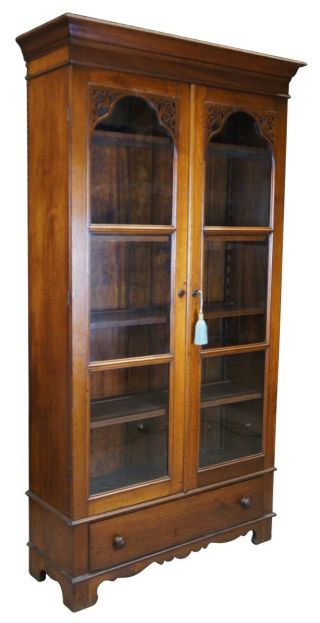 Antique Victorian Walnut Library Bookcase China Display Cabinet Fretwork