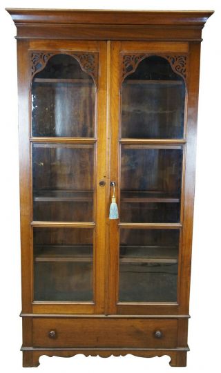 Antique Victorian Walnut Library Bookcase China Display Cabinet Fretwork 2