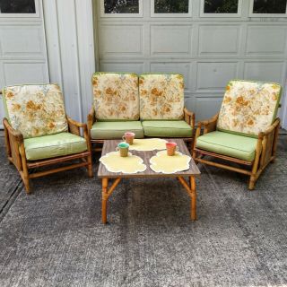 Vtg Rattan Furniture Set 2 Chairs Loveseat Table Flicks Reed Room Mcm Bamboo