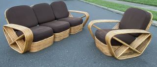 Mid Century Modern Paul Frankl 6 - Strand Pretzel Rattan Bamboo Sofa & Chair Set