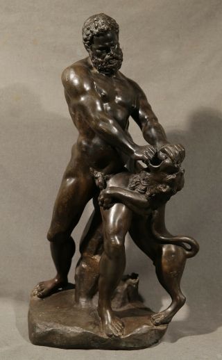 Muscular Nude Man Standing Fighting Lion Magnificent Antique Bronze Sculpture