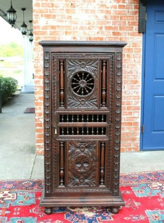 French Antique Dark Oak Brittany One Door With 4 Shelves Cabinet