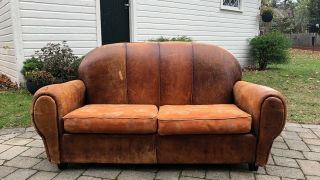 Vintage French Distressed Art Deco Leather Sofa