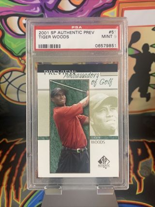 Tiger Woods 2001 Sp Authentic 51 Rc Rookie Preview Sample Card Psa 9