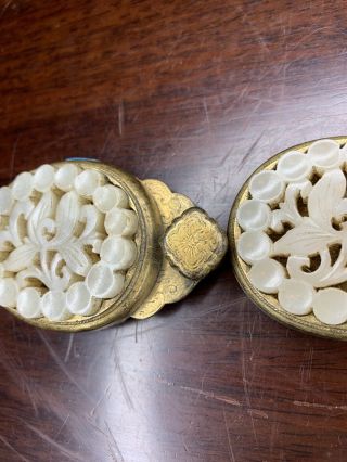 From Estate Old Chinese 2x Gold Gilt Bronze Ming White Jade Buckle Asian China 4